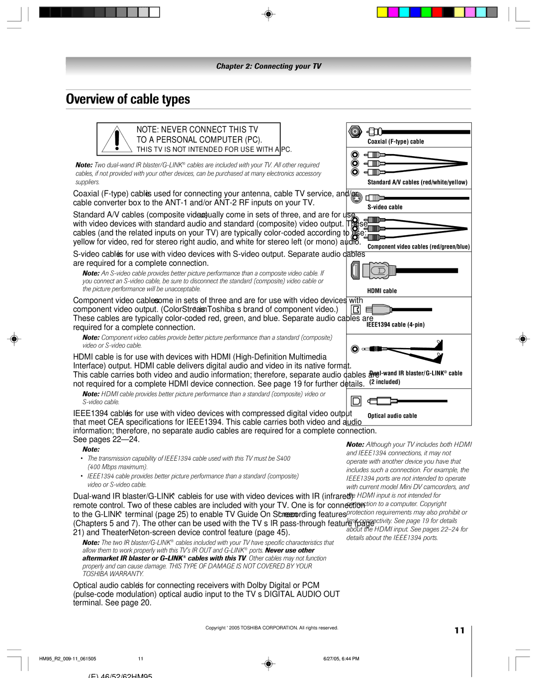 Toshiba 46HM95 owner manual Overview of cable types, To a Personal Computer PC 