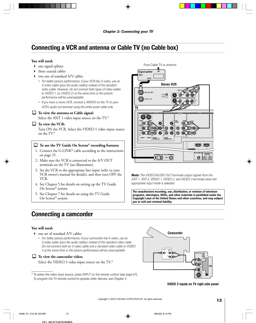 Toshiba 46HM95 owner manual Connecting a VCR and antenna or Cable TV no Cable box, Connecting a camcorder 