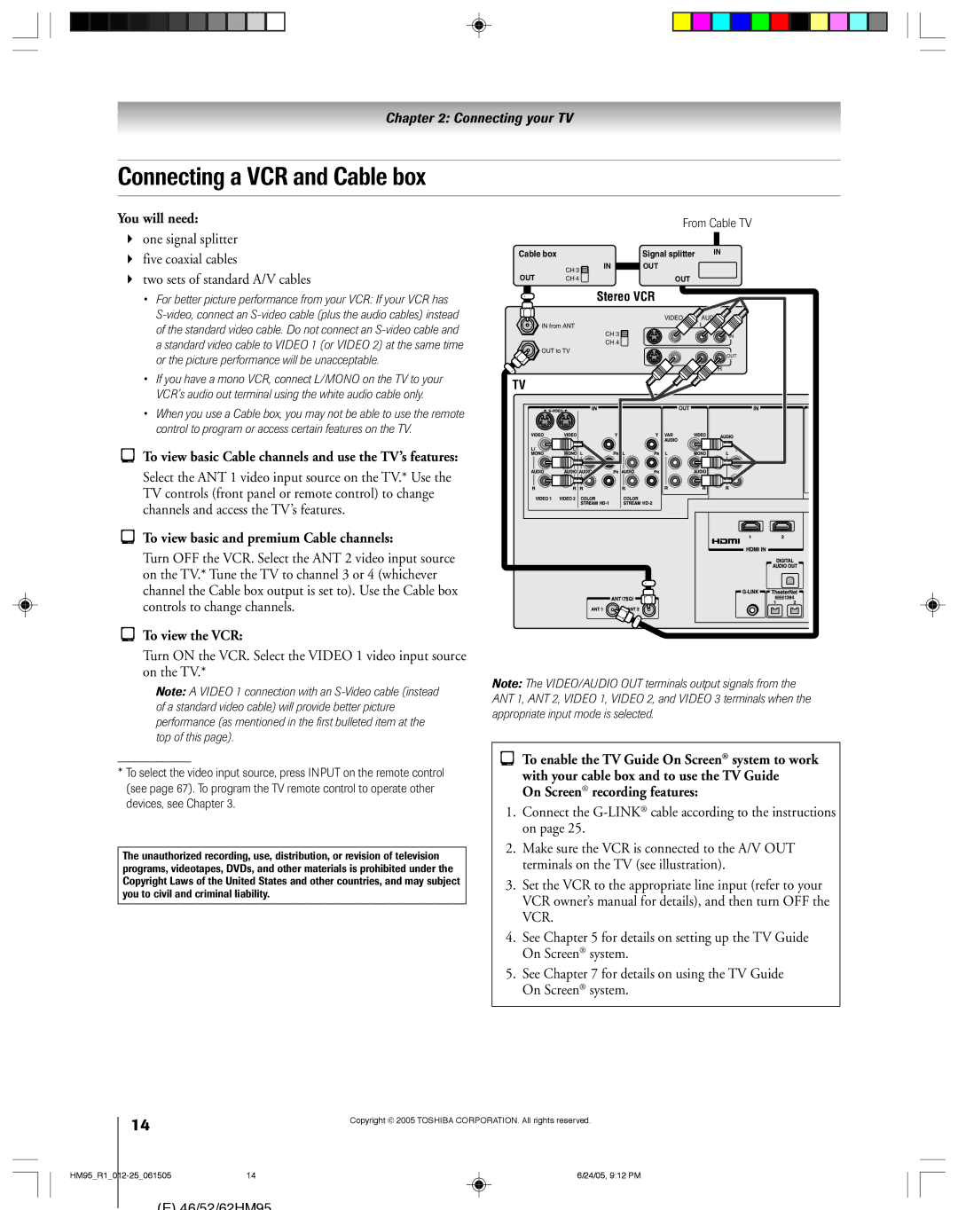 Toshiba 46HM95 owner manual Connecting a VCR and Cable box, To view basic Cable channels and use the TV’s features 