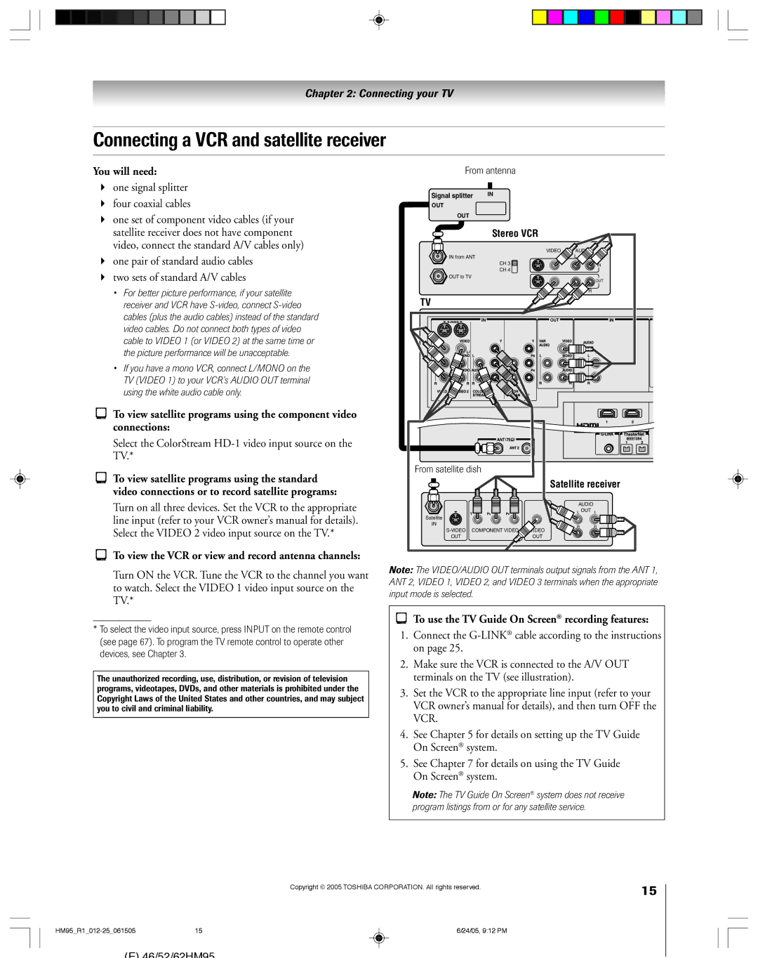 Toshiba 46HM95 owner manual Connecting a VCR and satellite receiver, One signal splitter Four coaxial cables, From antenna 