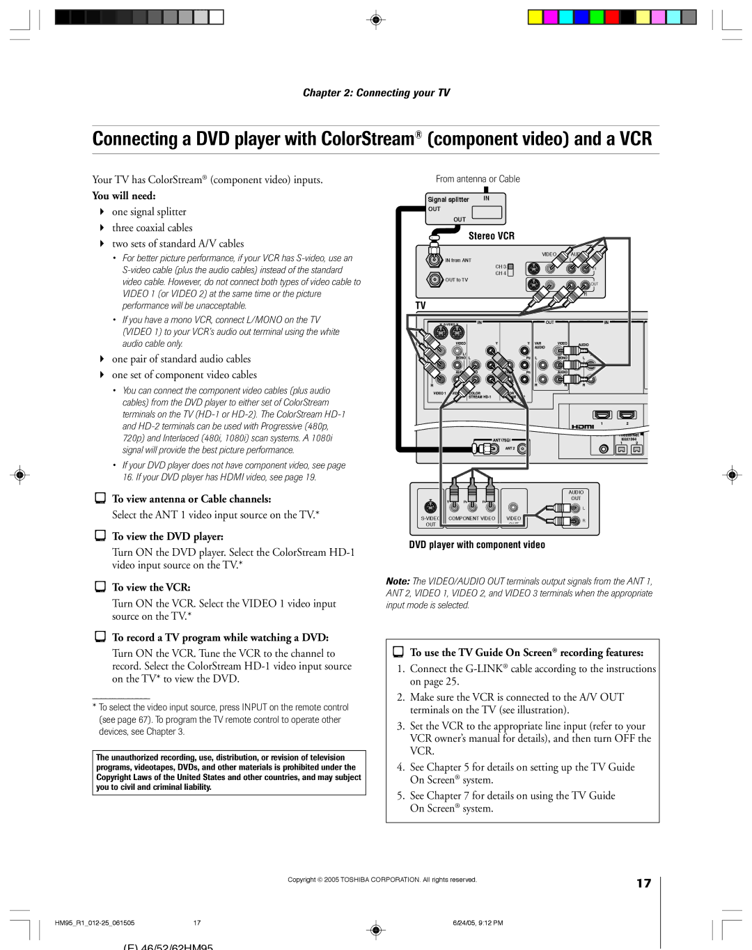 Toshiba 46HM95 Your TV has ColorStream component video inputs, To view antenna or Cable channels, From antenna or Cable 