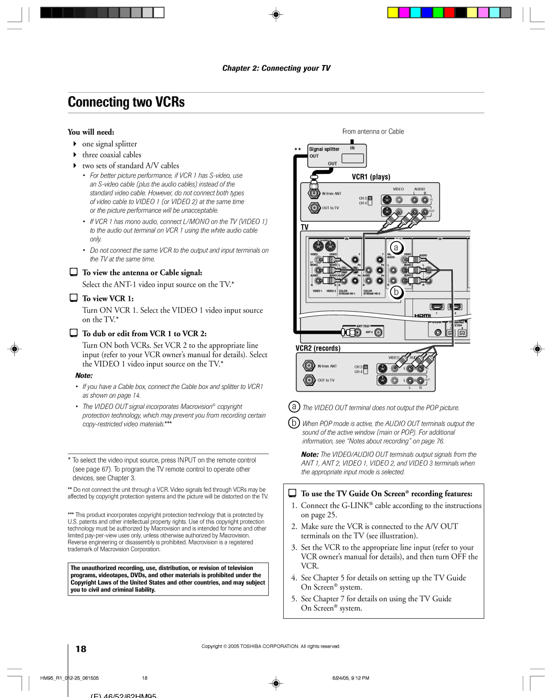 Toshiba 46HM95 owner manual Connecting two VCRs, Select the ANT-1 video input source on the TV, To view VCR 