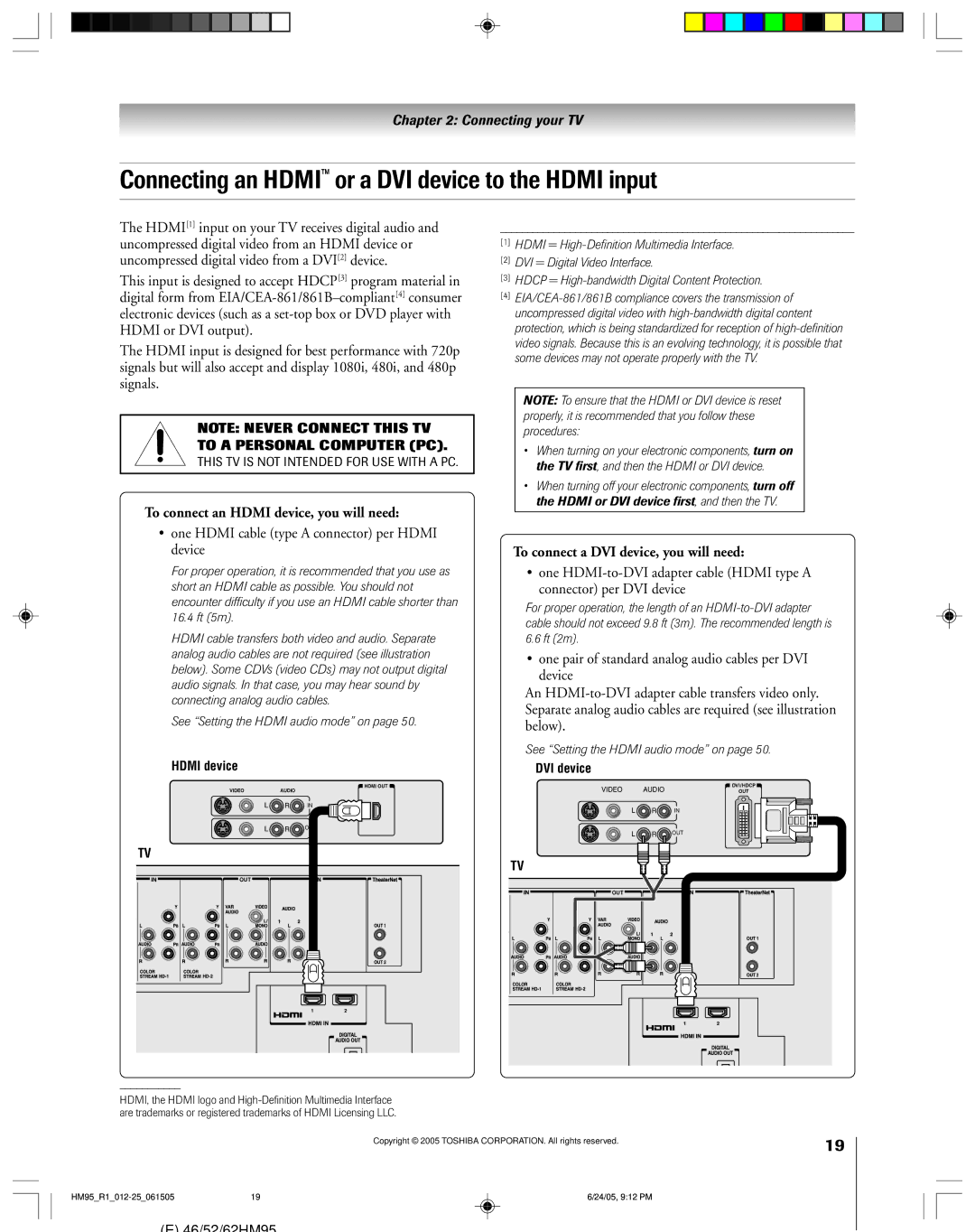 Toshiba 46HM95 owner manual Connecting an Hdmi or a DVI device to the Hdmi input, To connect an Hdmi device, you will need 