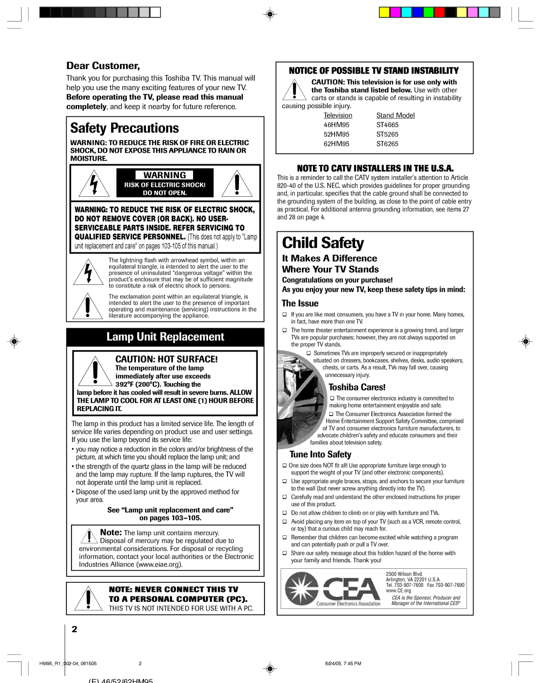 Toshiba 46HM95 Safety Precautions, It Makes a Difference Where Your TV Stands, Issue, Toshiba Cares, Tune Into Safety 