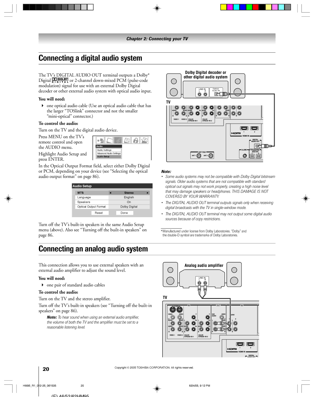 Toshiba 46HM95 owner manual Connecting a digital audio system, Connecting an analog audio system, To control the audio 