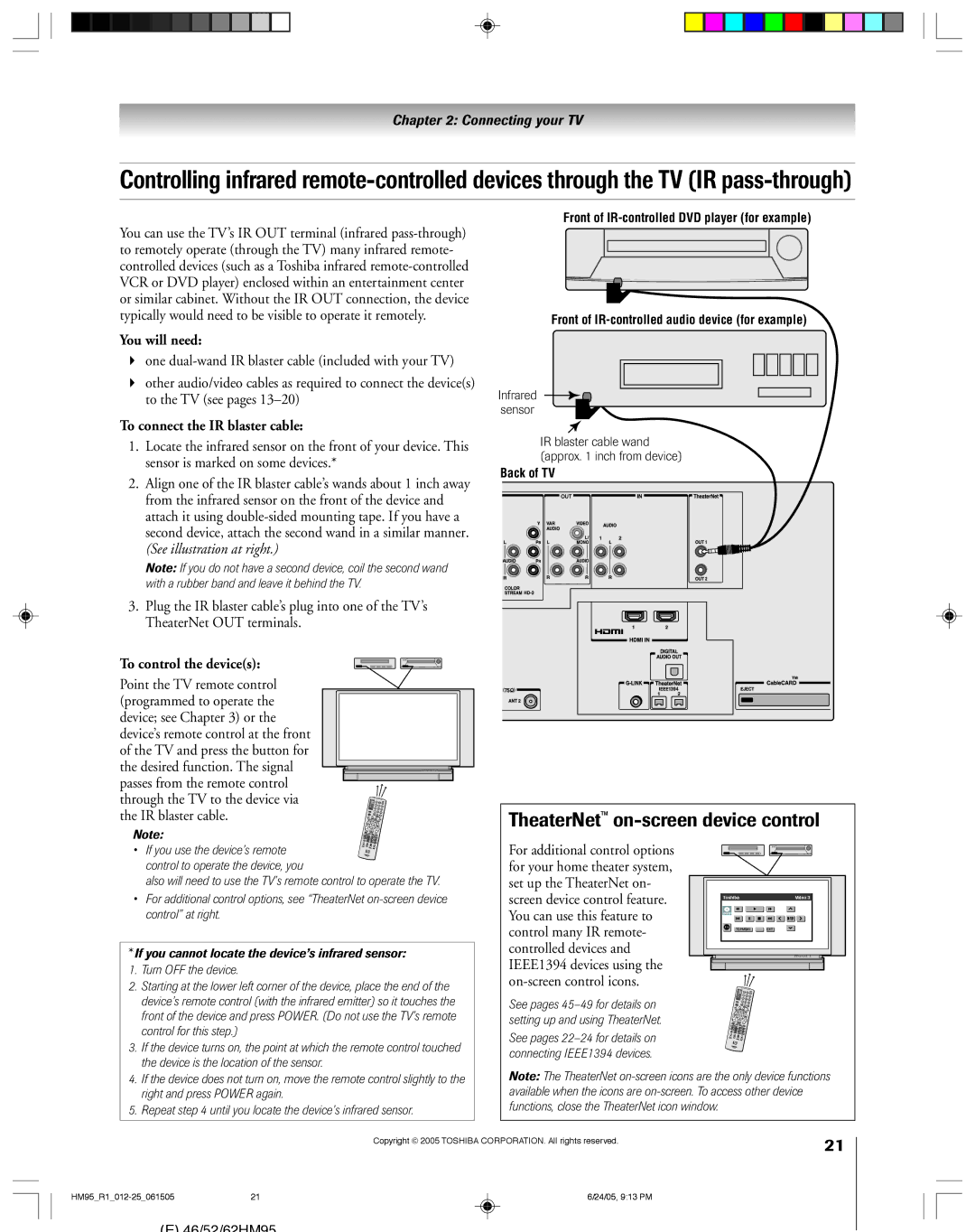 Toshiba 46HM95 owner manual TheaterNet on-screen device control, To connect the IR blaster cable, To control the devices 