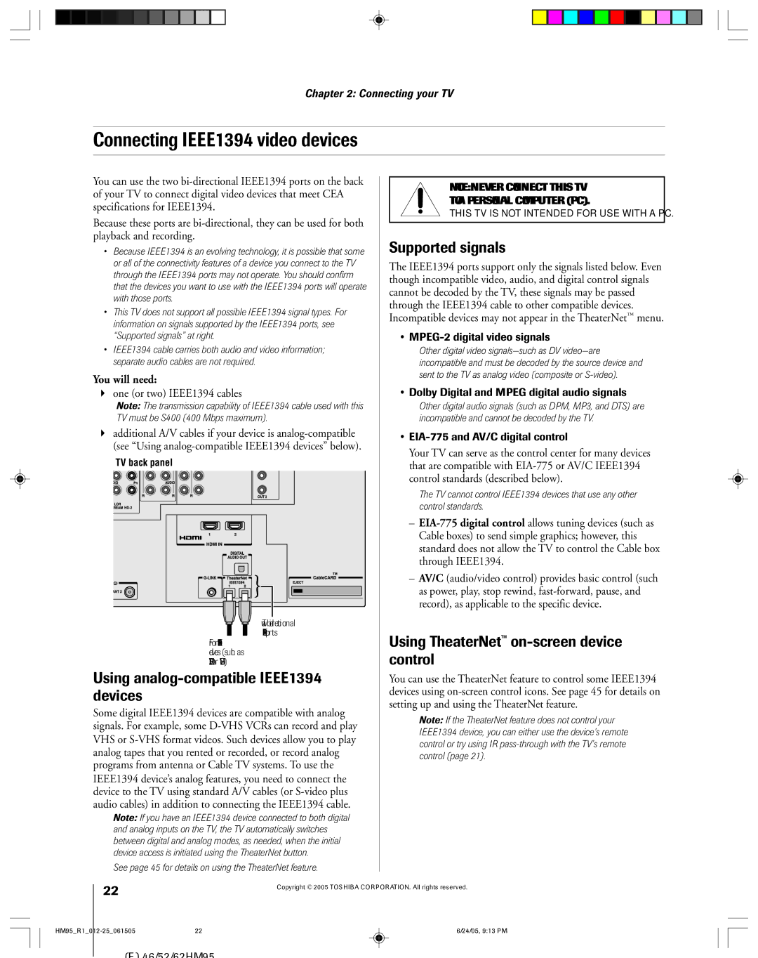 Toshiba 46HM95 owner manual Connecting IEEE1394 video devices, Using analog-compatible IEEE1394 devices, Supported signals 