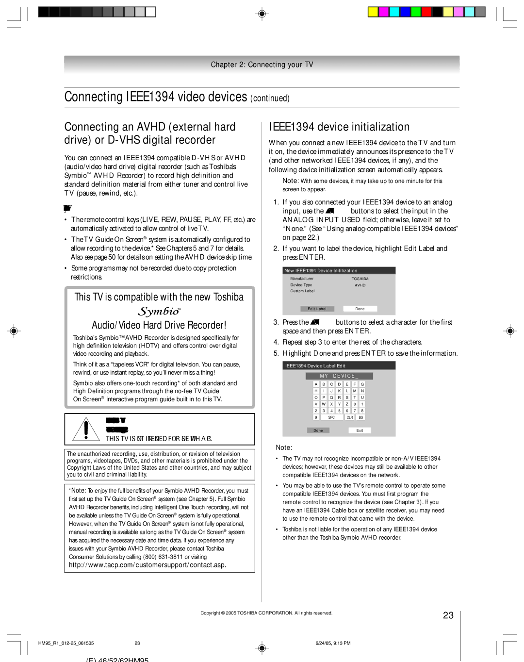 Toshiba 46HM95 owner manual IEEE1394 device initialization, When you connect a D-VHS or Avhd device to the TV 