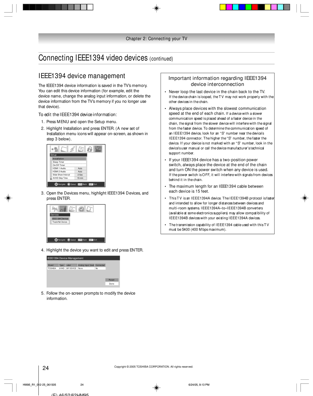 Toshiba 46HM95 owner manual IEEE1394 device management, To edit the IEEE1394 device information 