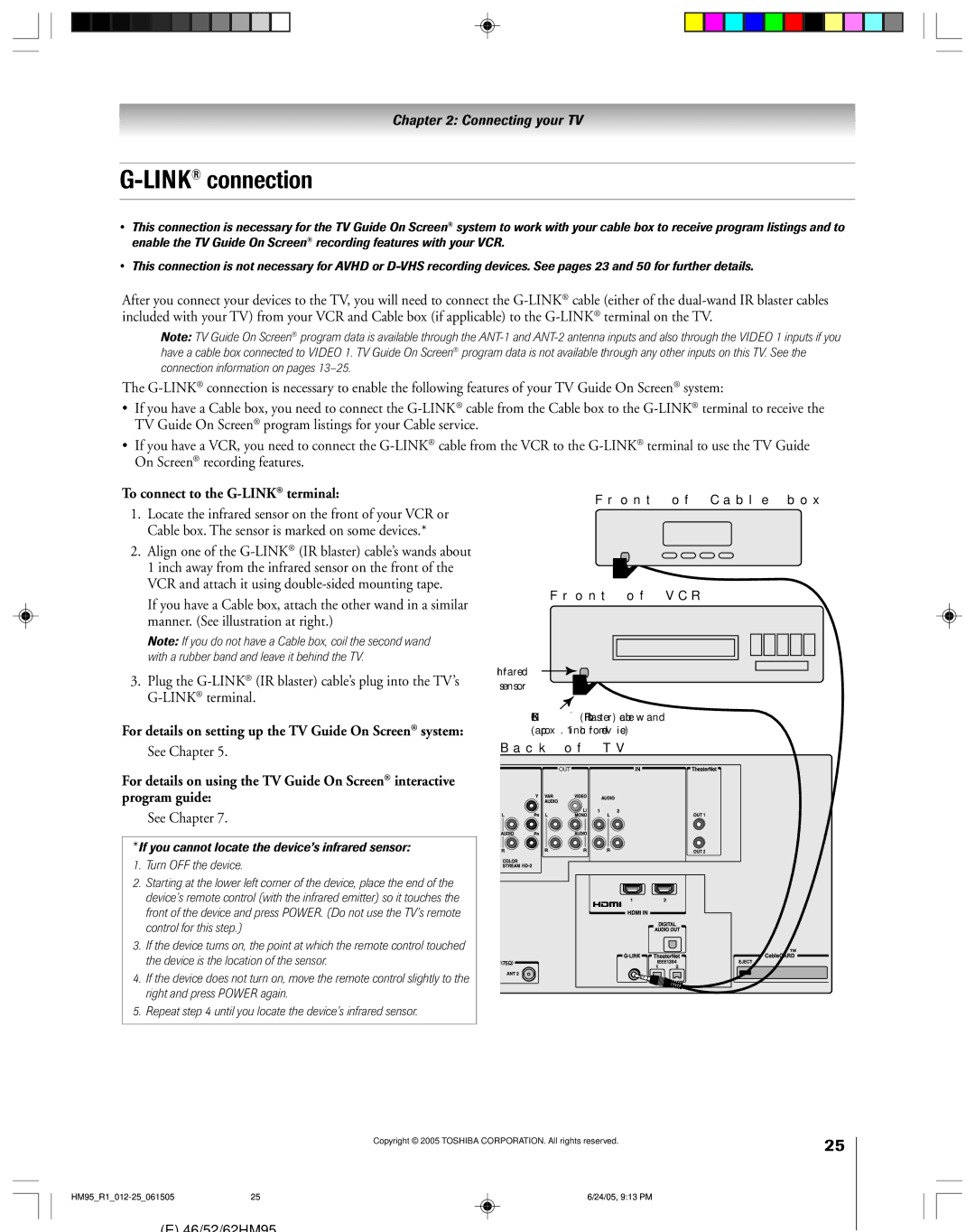 Toshiba 46HM95 owner manual LINKconnection, To connect to the G-LINK terminal, See Chapter, Infrared Sensor 