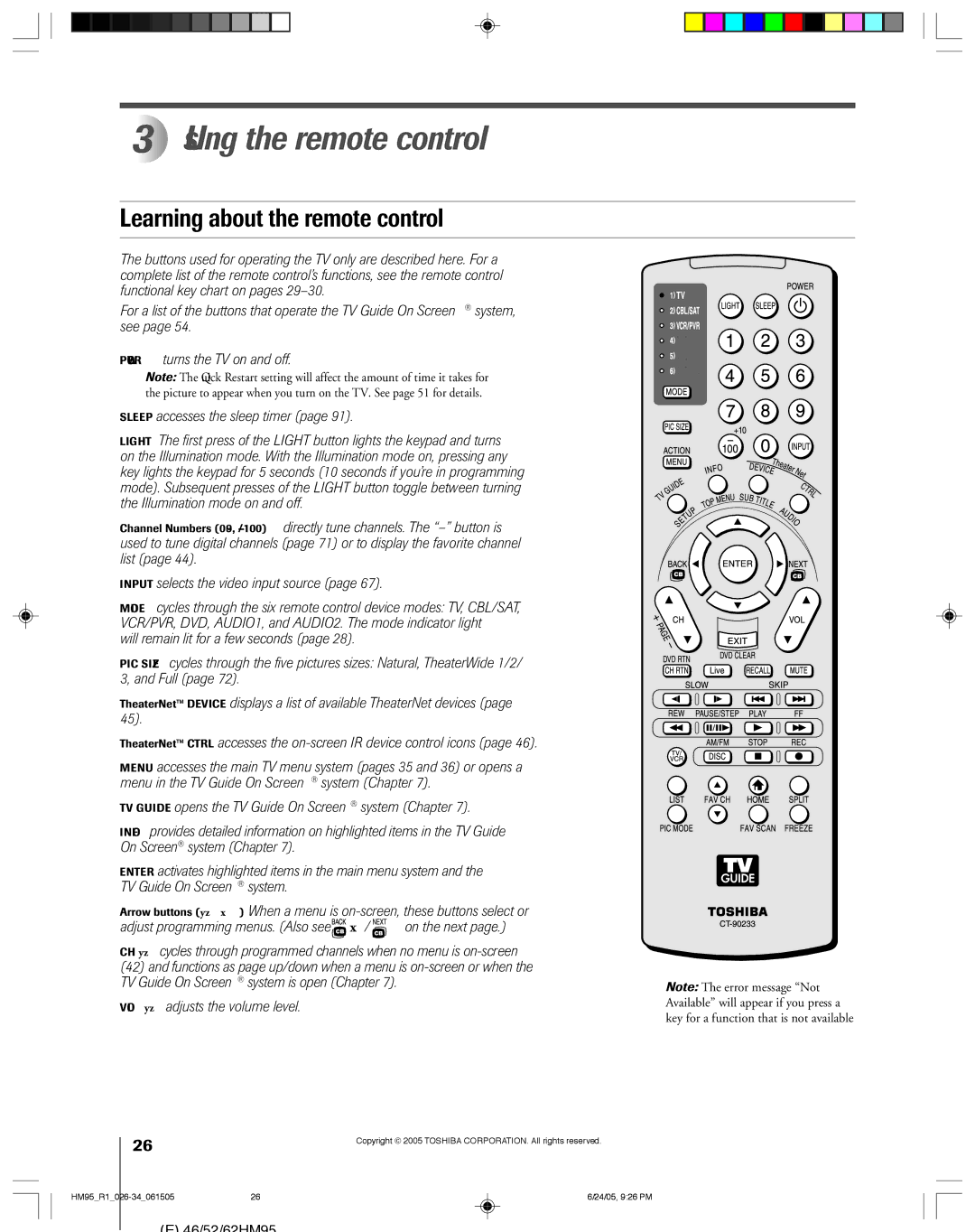 Toshiba 46HM95 Using the remote control, Learning about the remote control, Key for a function that is not available 