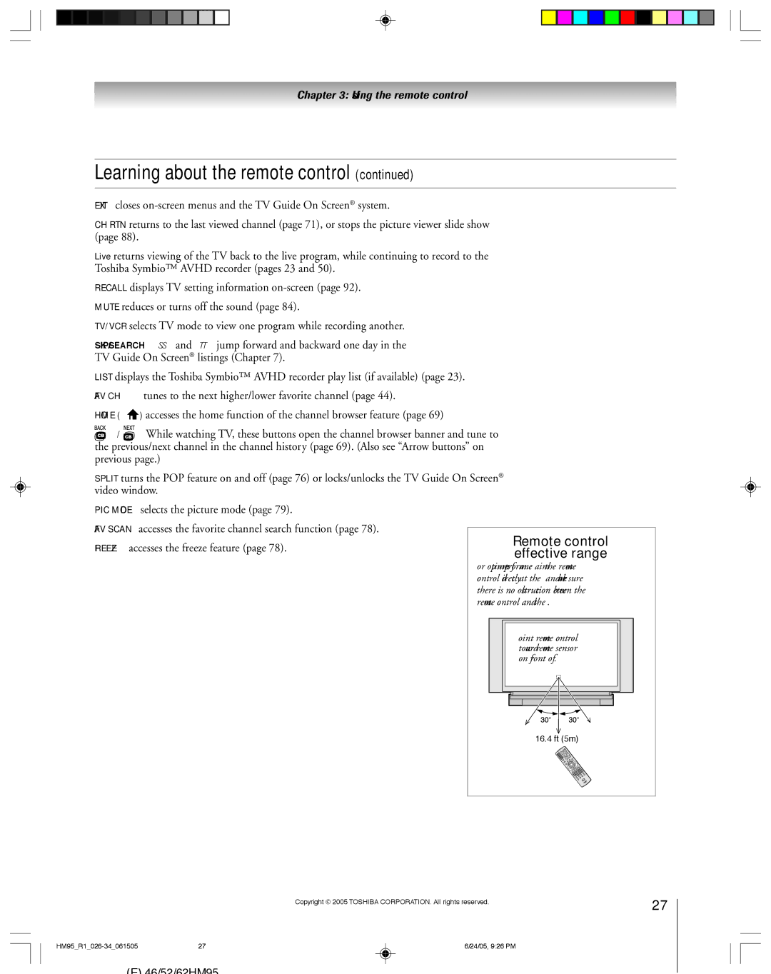 Toshiba 46HM95 owner manual Effective range, There is no obstruction between, Remote control and the TV 