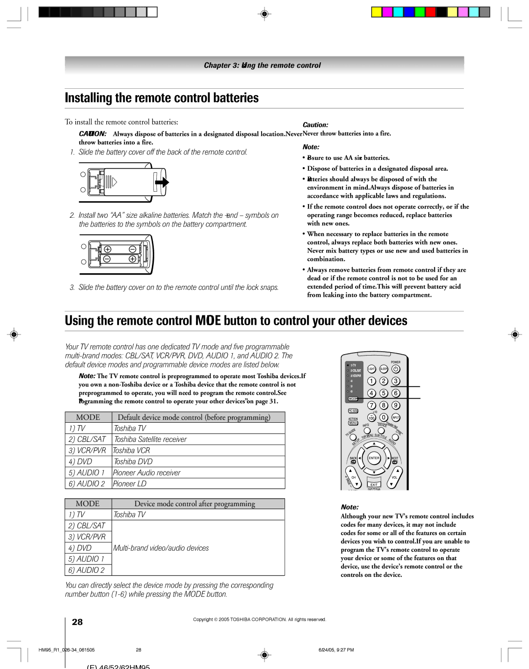 Toshiba 46HM95 owner manual Installing the remote control batteries, To install the remote control batteries 