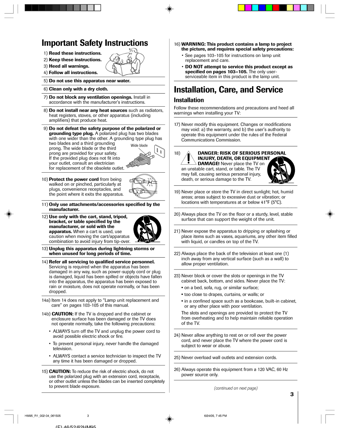 Toshiba 46HM95 Important Safety Instructions, Installation, Care, and Service, For replacement of the obsolete outlet 