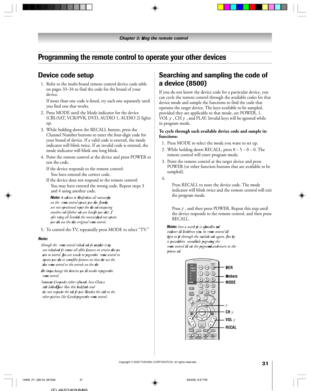 Toshiba 46HM95 owner manual Device code setup, Searching and sampling the code of a device, Numbers, CH y VOL y 