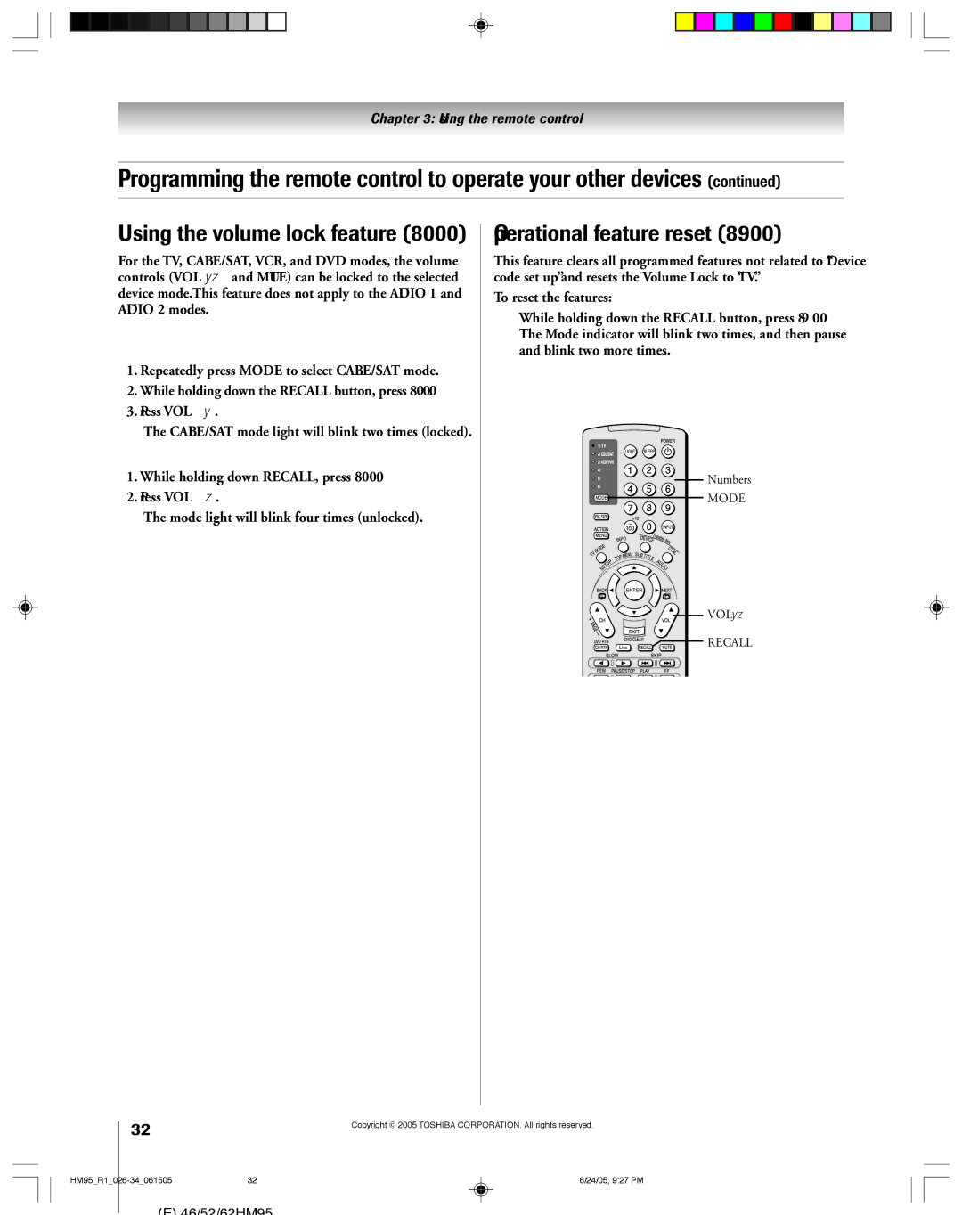 Toshiba 46HM95 Using the volume lock feature, Operational feature reset, Repeatedly press Mode to select CABLE/SAT mode 