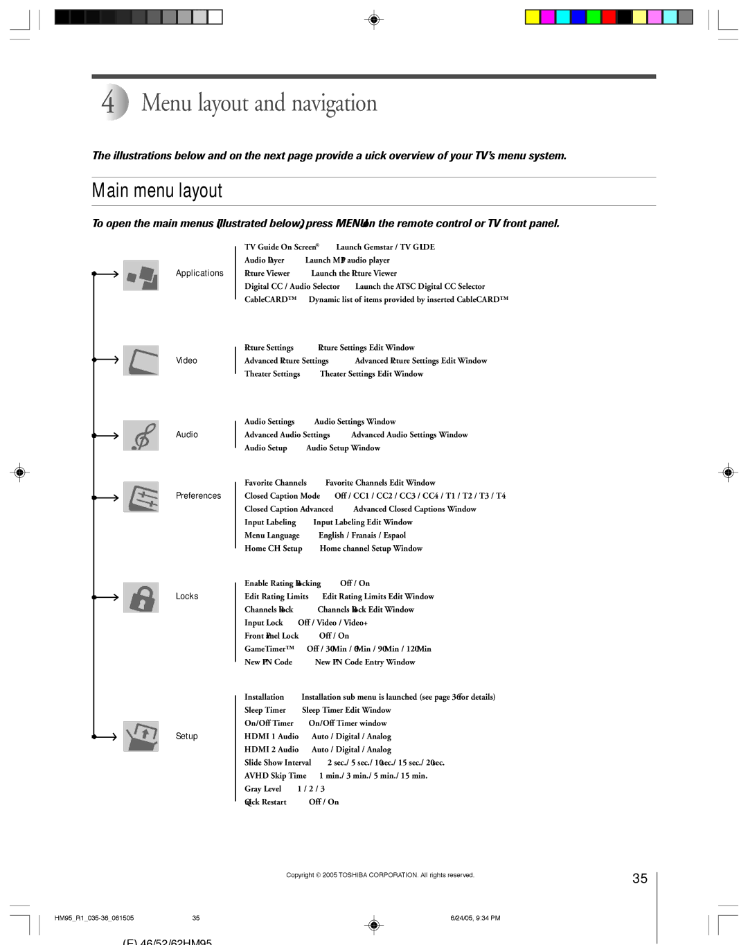 Toshiba 46HM95 owner manual Menu layout and navigation, Main menu layout 