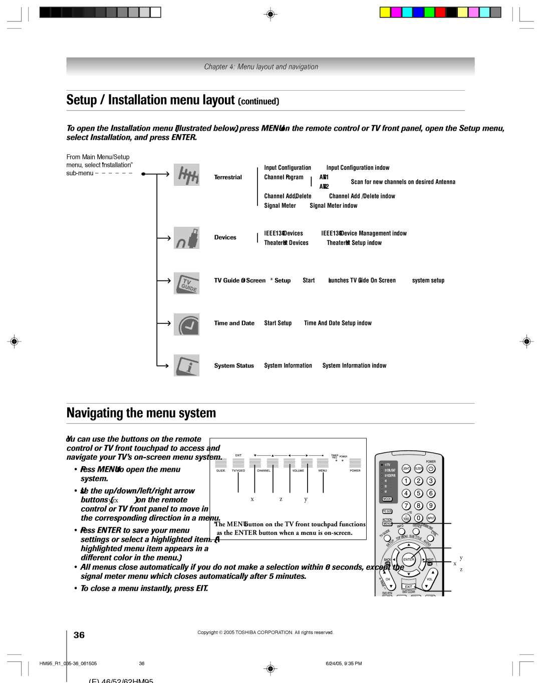 Toshiba 46HM95 Setup / Installation menu layout, Navigating the menu system, You can use the buttons on the remote 