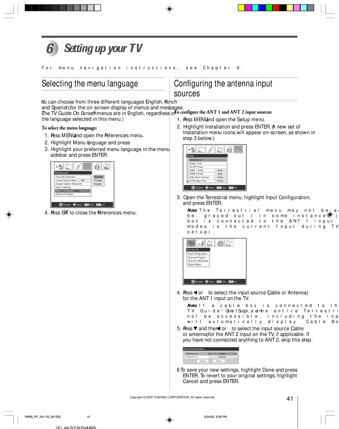 Toshiba 46HM95 owner manual Setting up your TV, Selecting the menu language, Configuring the antenna input sources 