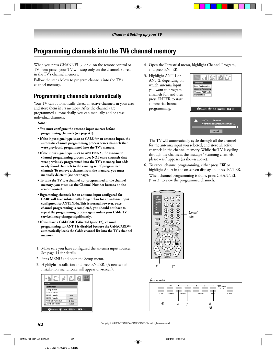 Toshiba 46HM95 owner manual Programming channels into the TV’s channel memory, Programming channels automatically 