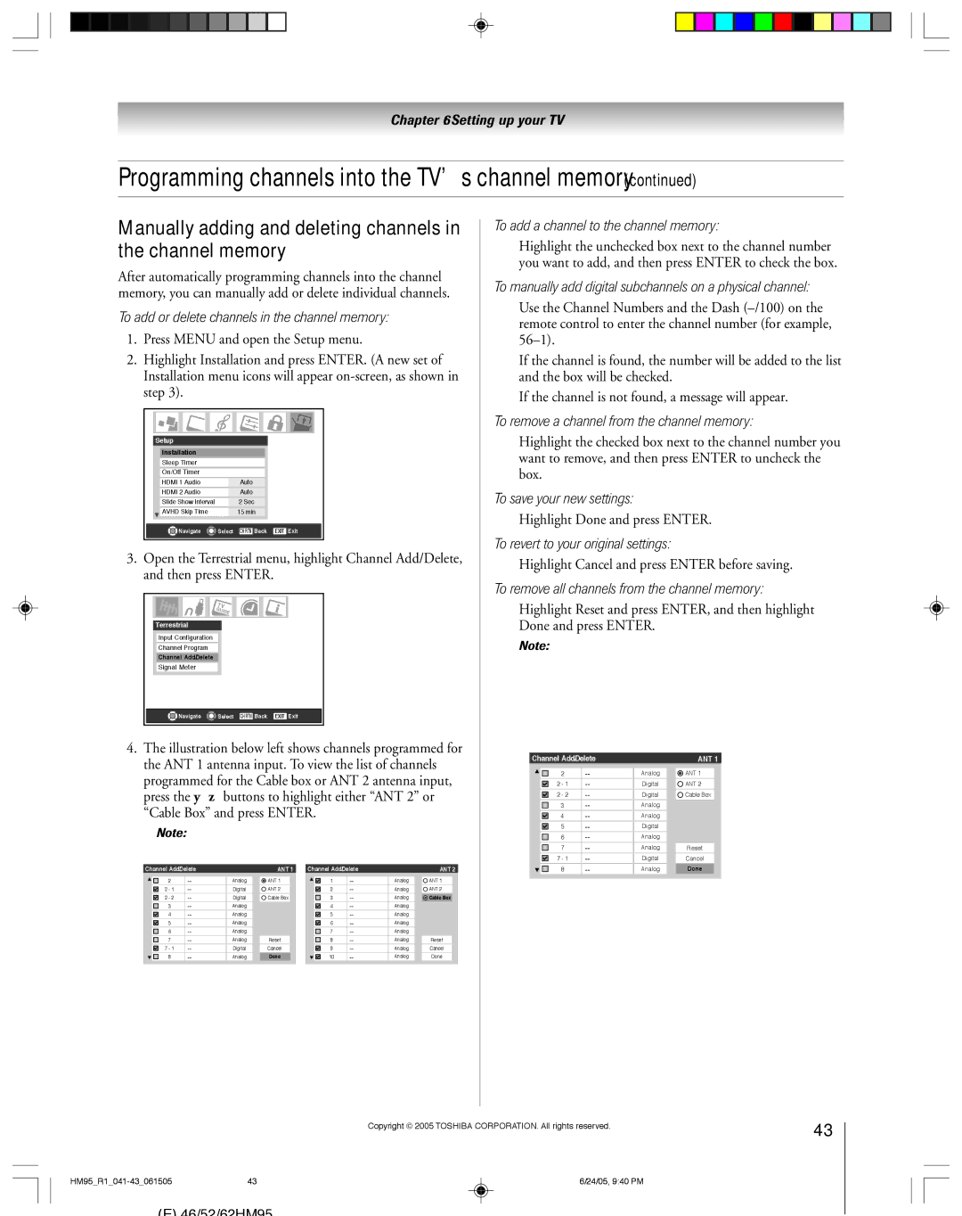 Toshiba 46HM95 owner manual Manually adding and deleting channels in the channel memory 