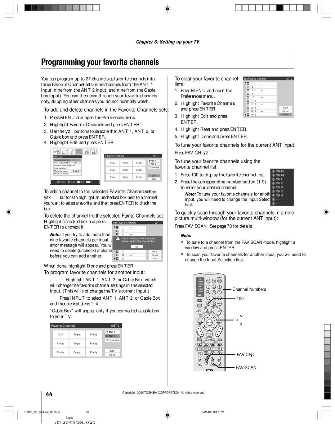 Toshiba 46HM95 owner manual Programming your favorite channels 