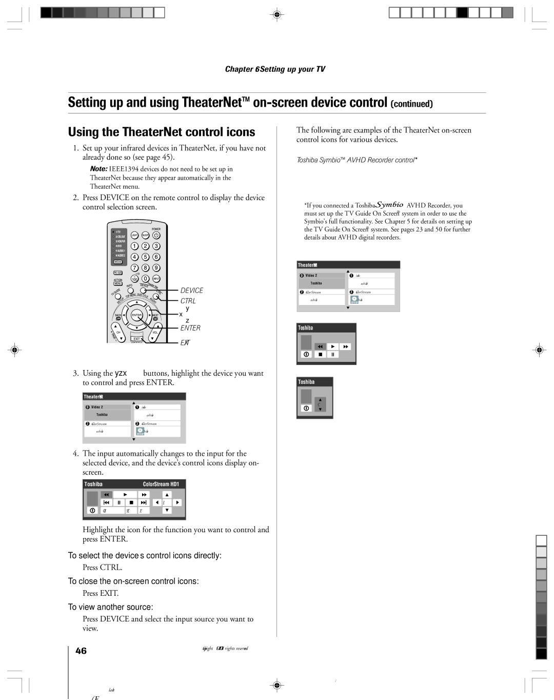 Toshiba 46HM95 Using the TheaterNet control icons, To select the device’s control icons directly, To view another source 