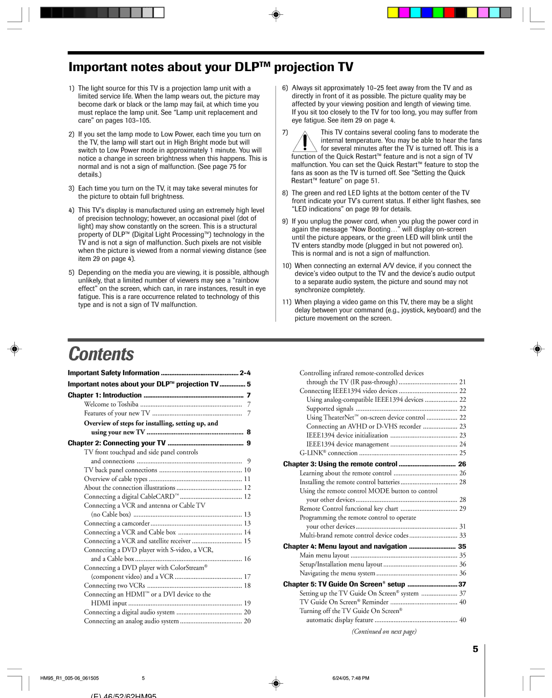 Toshiba 46HM95 owner manual Contents 