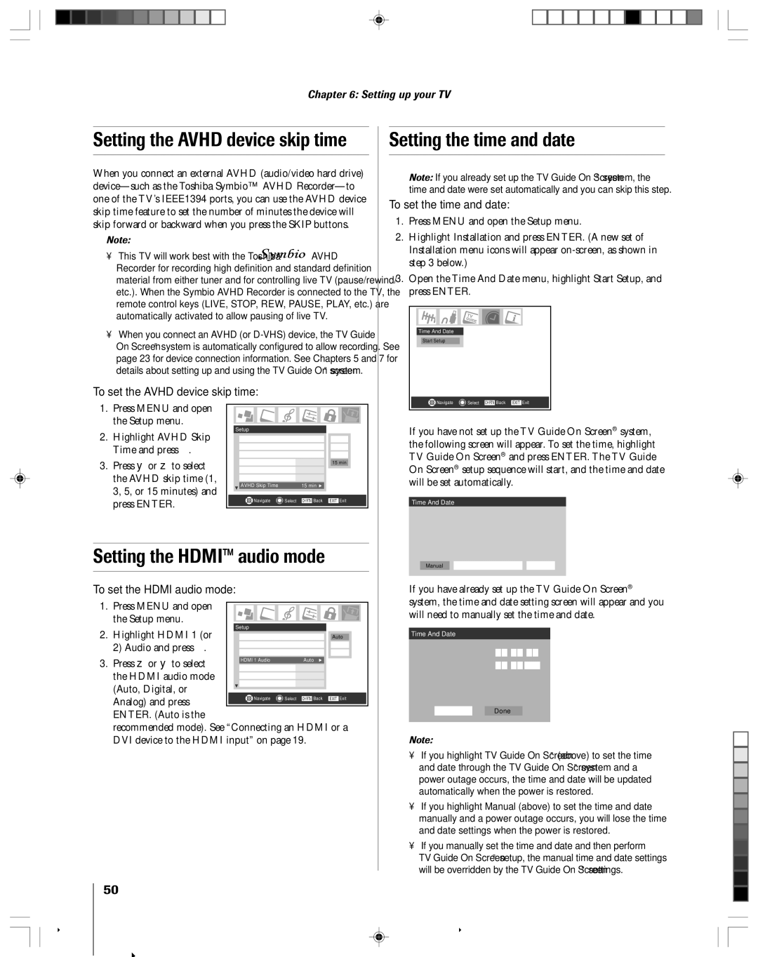 Toshiba 46HM95 owner manual Setting the time and date, Setting the Hdmi audio mode, To set the Avhd device skip time 