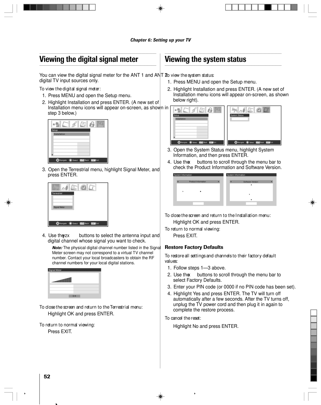 Toshiba 46HM95 owner manual Viewing the digital signal meter, Viewing the system status 