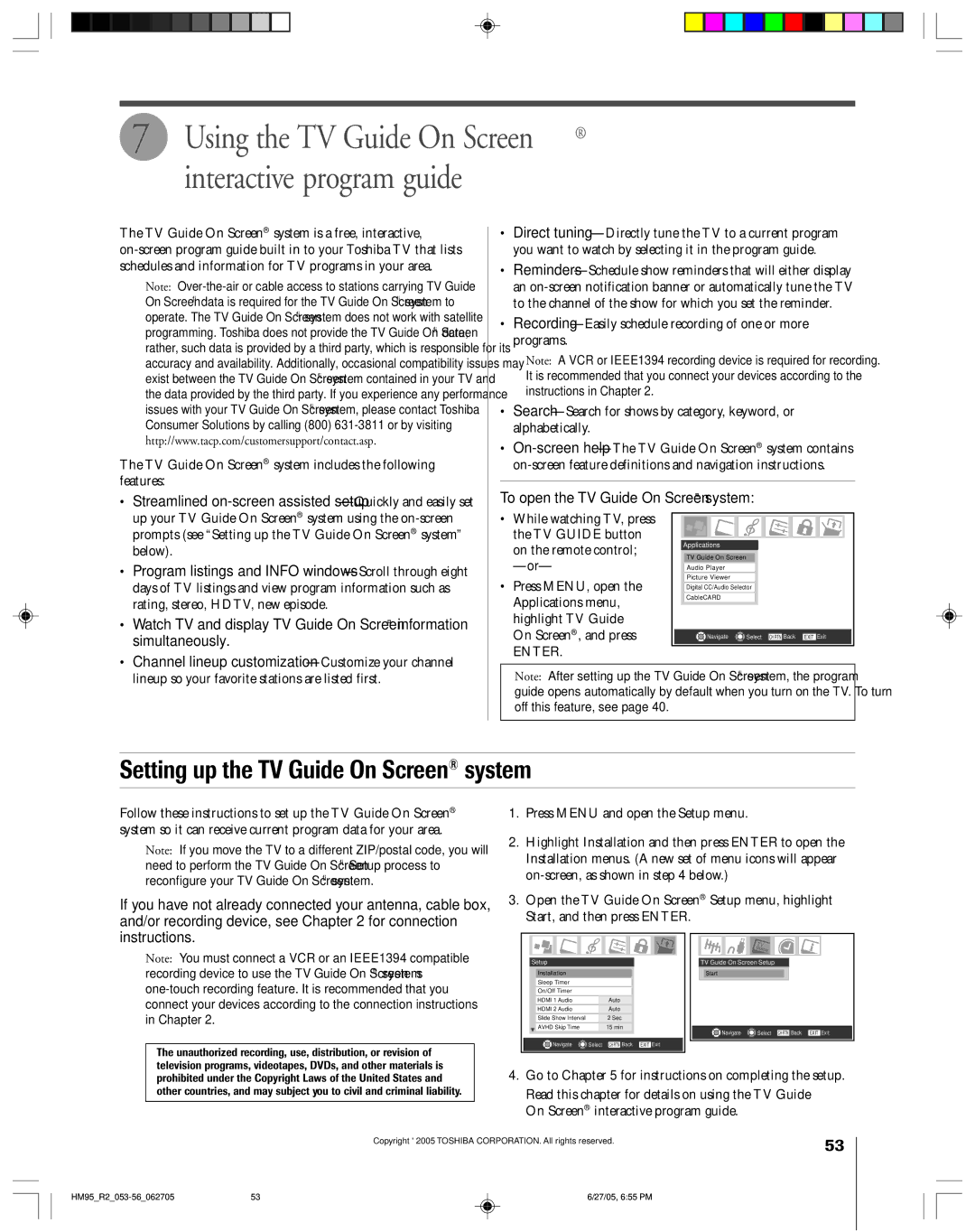 Toshiba 46HM95 TV Guide On Screen system includes the following features, To open the TV Guide On Screen system, Below 