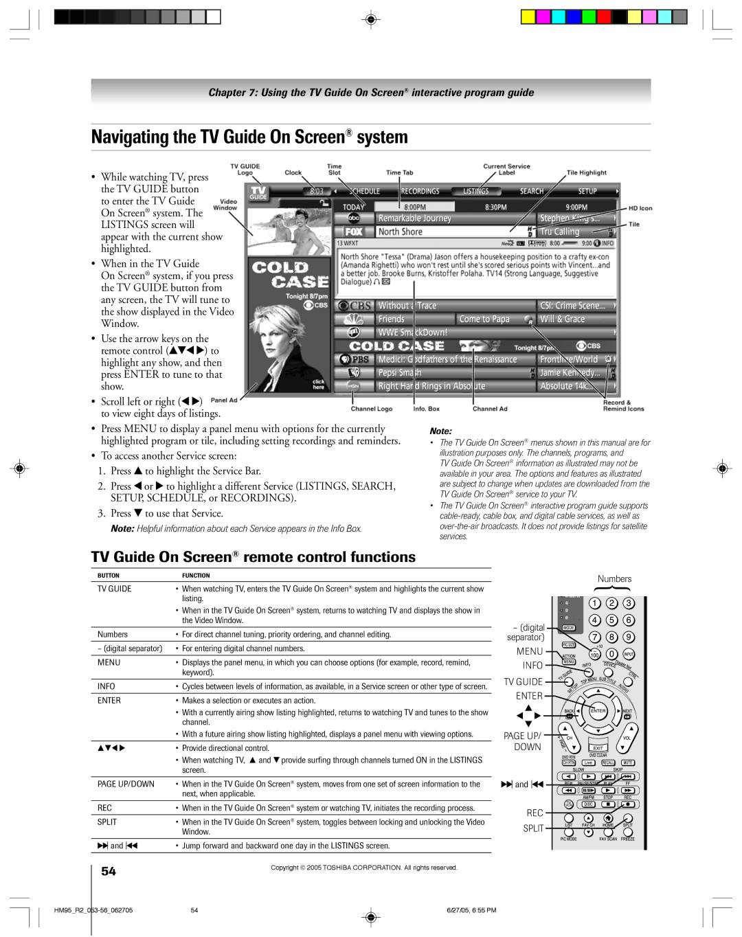 Toshiba 46HM95 owner manual Navigating the TV Guide On Screen system, TV Guide On Screen remote control functions 