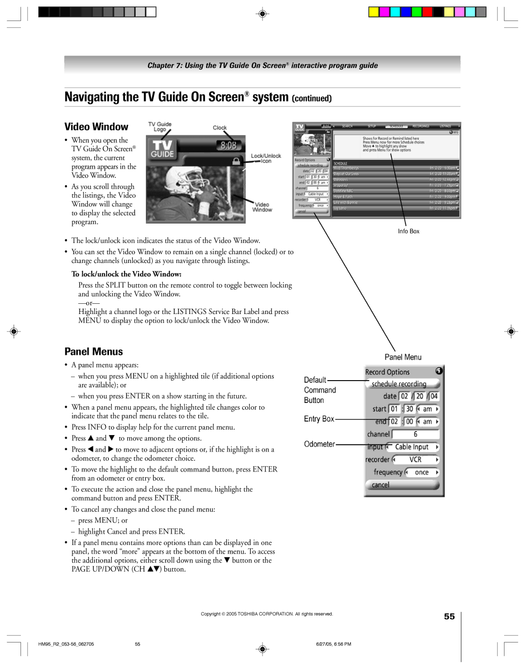 Toshiba 46HM95 Panel Menus, System, the current program appears in the Video Window, To lock/unlock the Video Window 