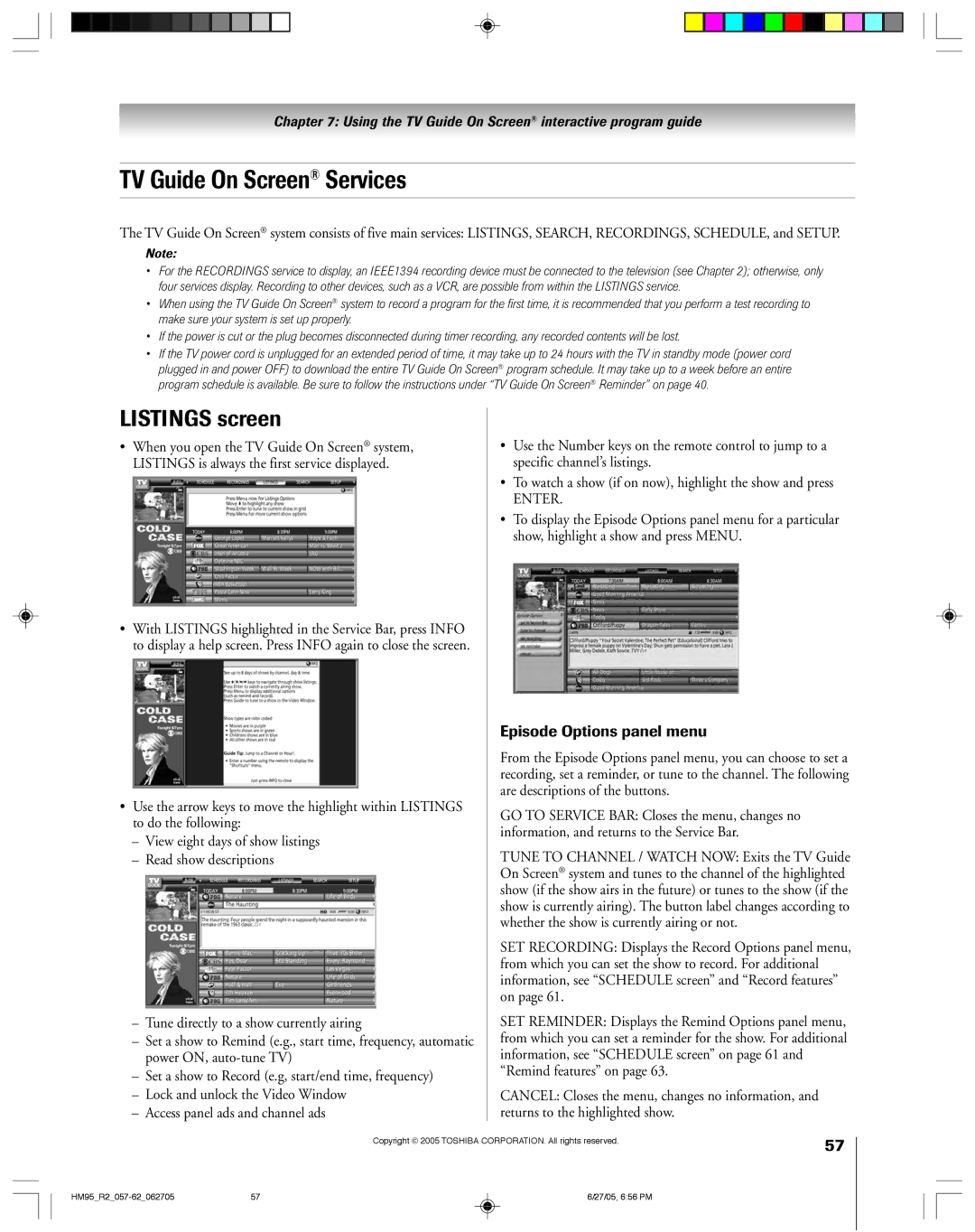 Toshiba 46HM95 owner manual TV Guide On Screen Services, Listings screen 