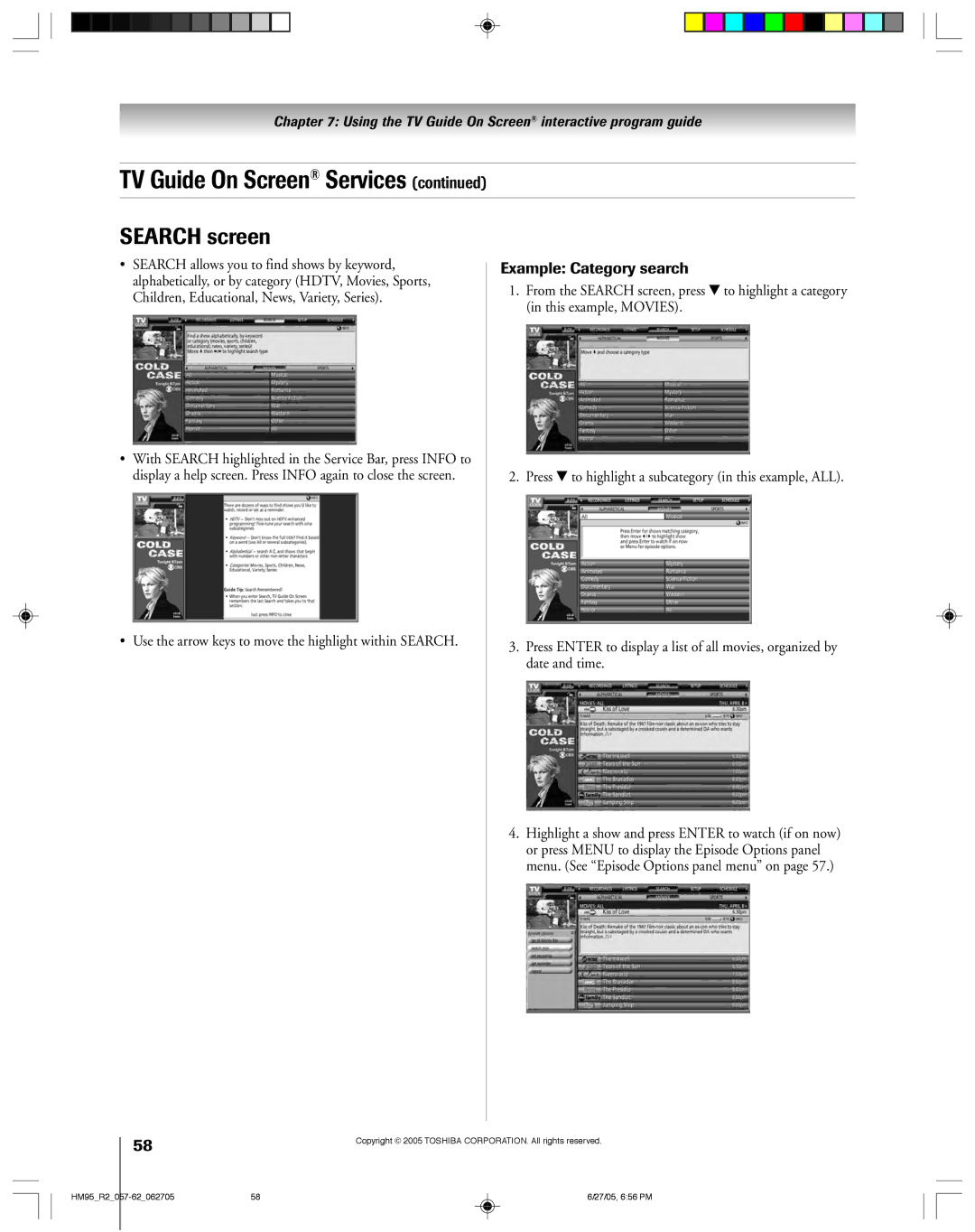 Toshiba 46HM95 owner manual Search screen, Example Category search 