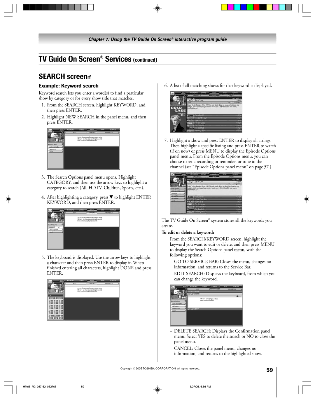 Toshiba 46HM95 Search screenrf, List of all matching shows for that keyword is displayed, To edit or delete a keyword 