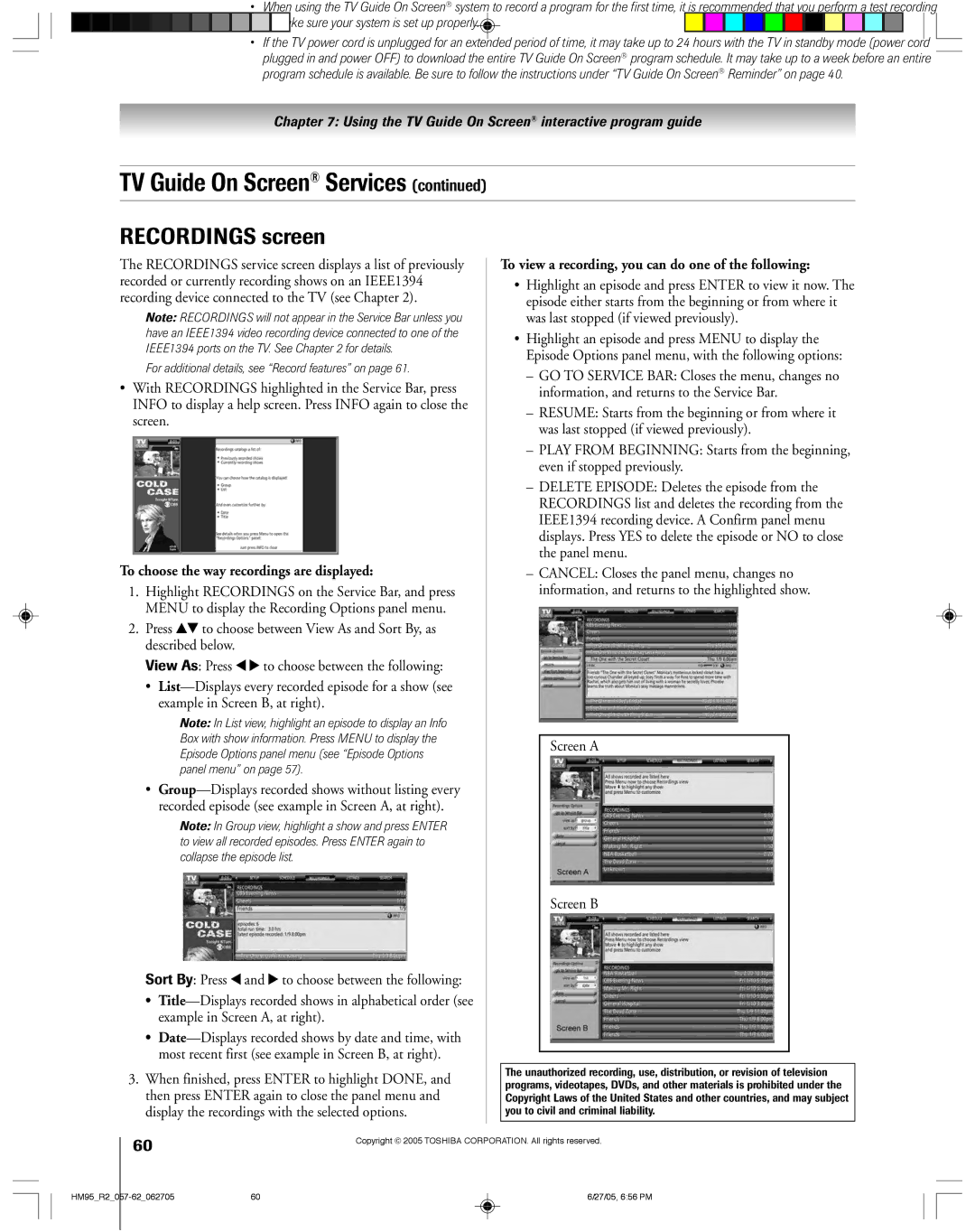 Toshiba 46HM95 owner manual Recordings screen, To choose the way recordings are displayed, Screen a Screen B 