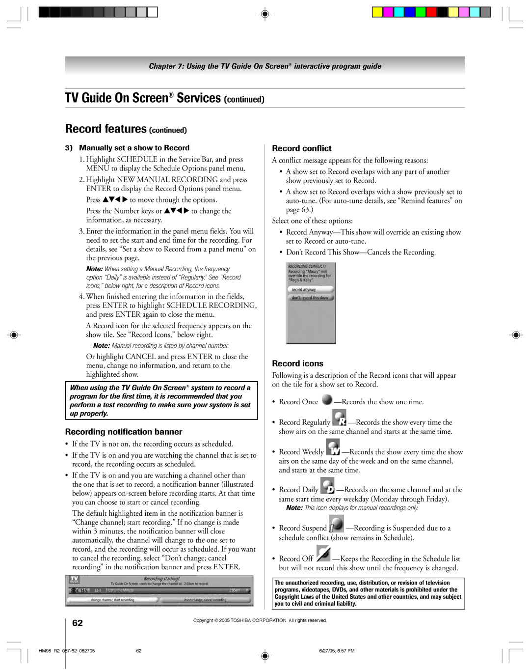 Toshiba 46HM95 owner manual Highlight NEW Manual Recording and press, Show previously set to Record, Previous 