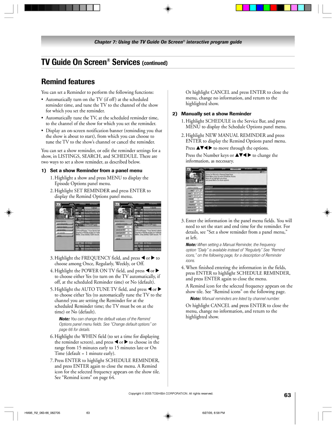 Toshiba 46HM95 owner manual Remind features, Set a show Reminder from a panel menu, Manually set a show Reminder 