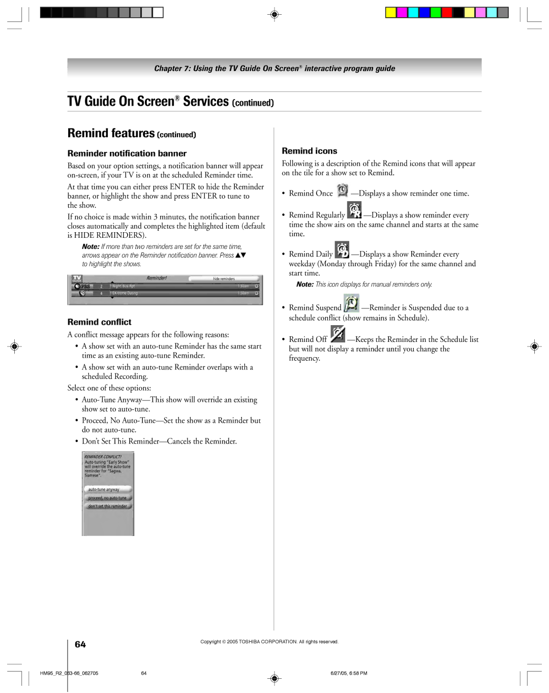 Toshiba 46HM95 owner manual Reminder notification banner 