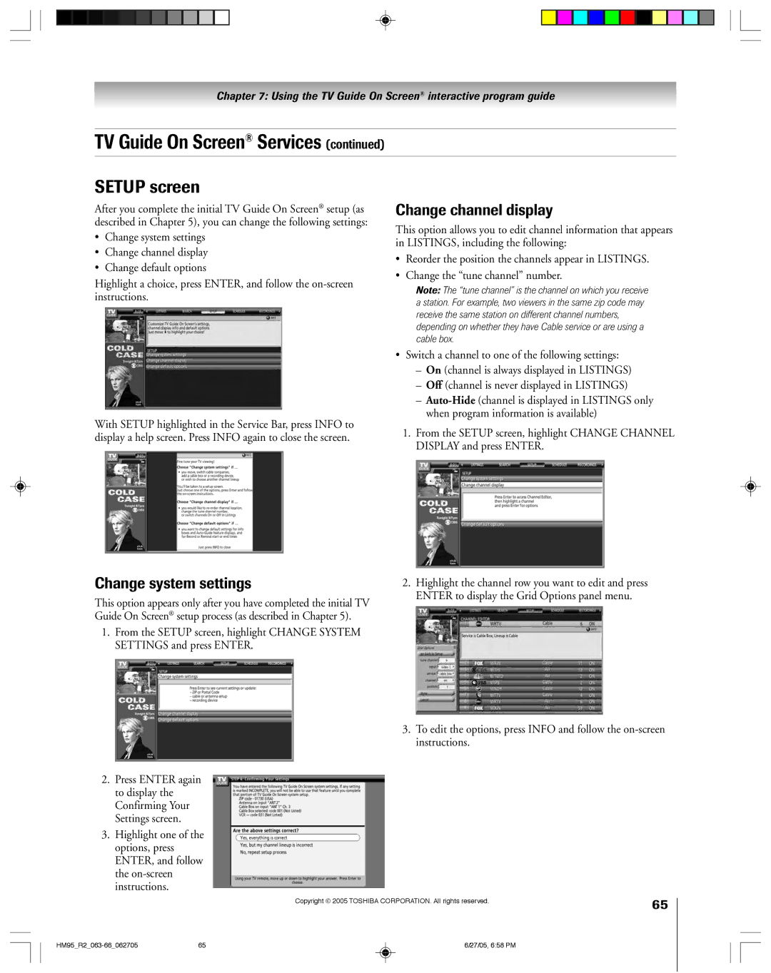 Toshiba 46HM95 owner manual Setup screen, Change channel display, Change system settings 