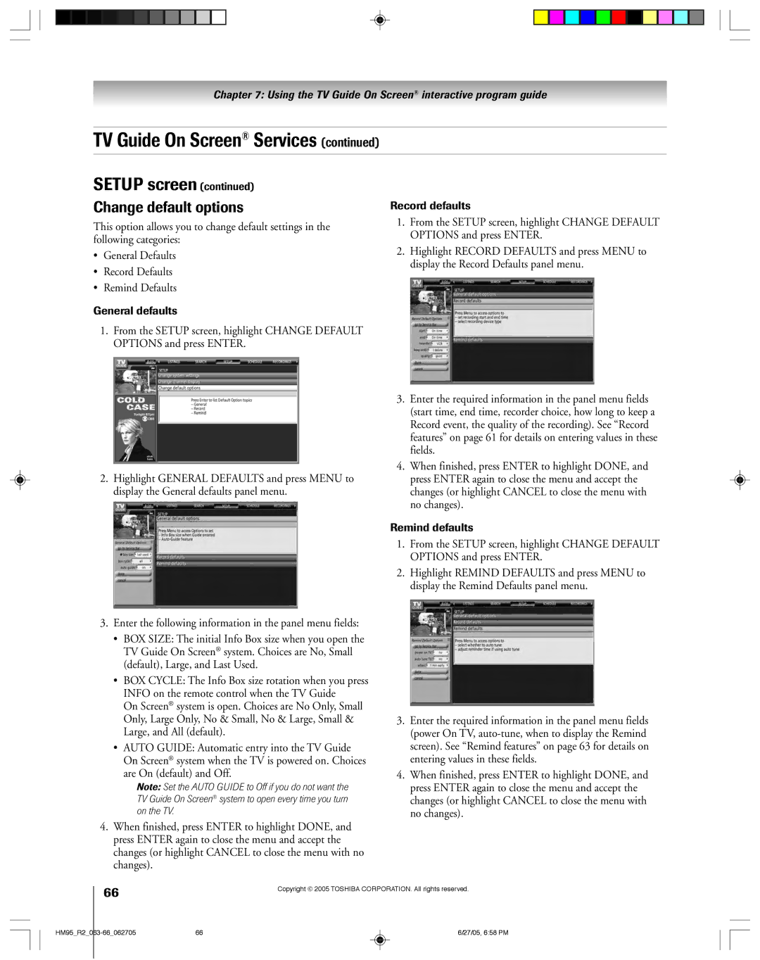 Toshiba 46HM95 owner manual Change default options, General defaults, Record defaults, Remind defaults 