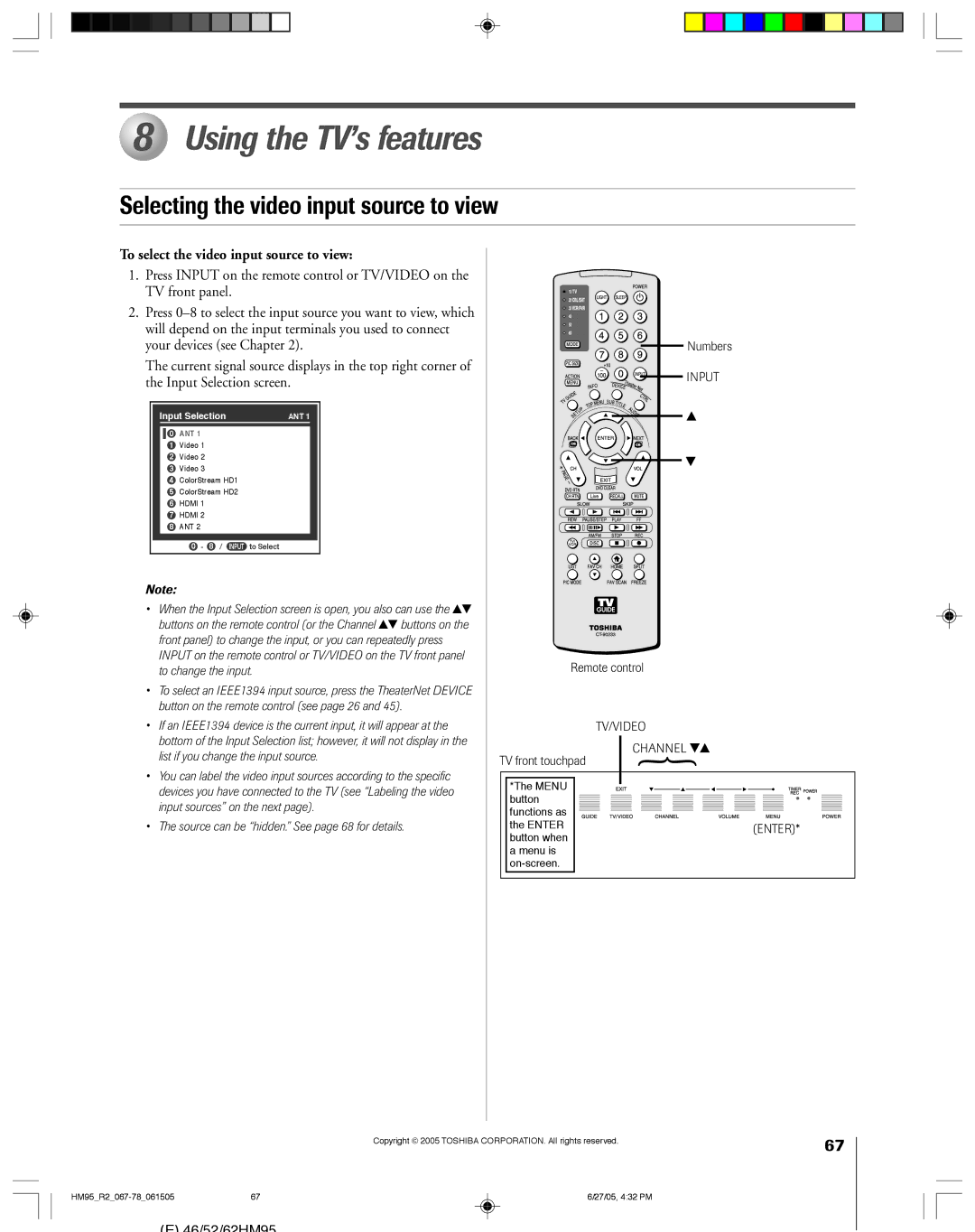 Toshiba 46HM95 Using the TV’s features, Selecting the video input source to view, To select the video input source to view 