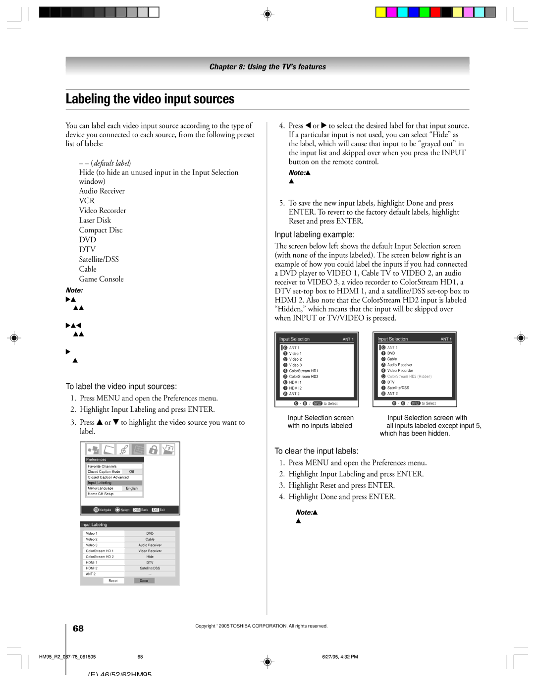 Toshiba 46HM95 Labeling the video input sources, DTV Satellite/DSS Cable Game Console, To label the video input sources 