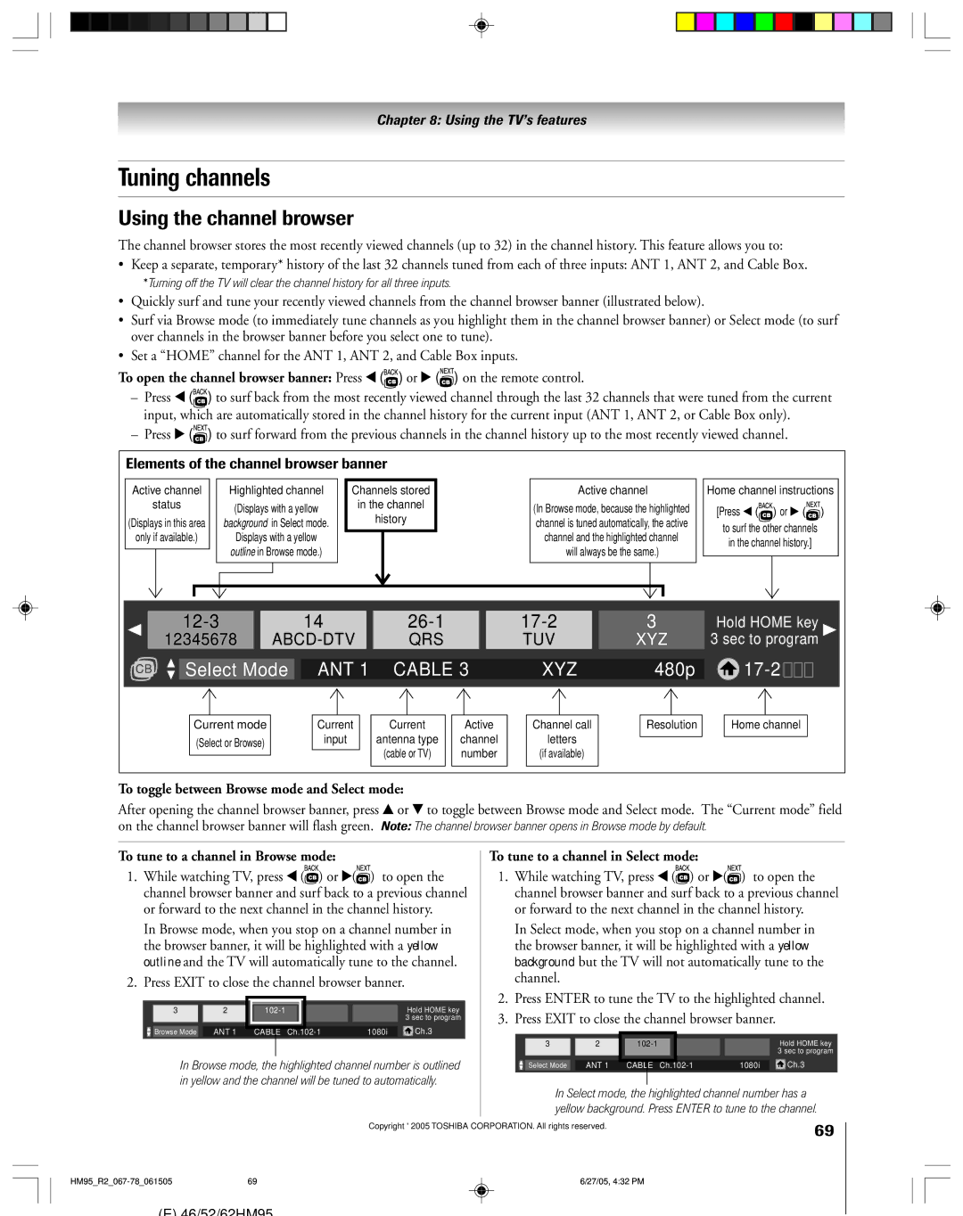 Toshiba 46HM95 owner manual Tuning channels, Using the channel browser, To toggle between Browse mode and Select mode 