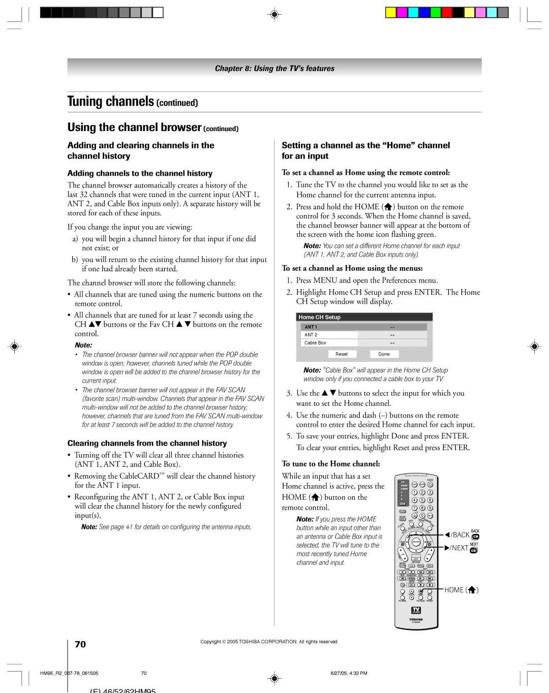 Toshiba 46HM95 owner manual To set a channel as Home using the remote control, To set a channel as Home using the menus 