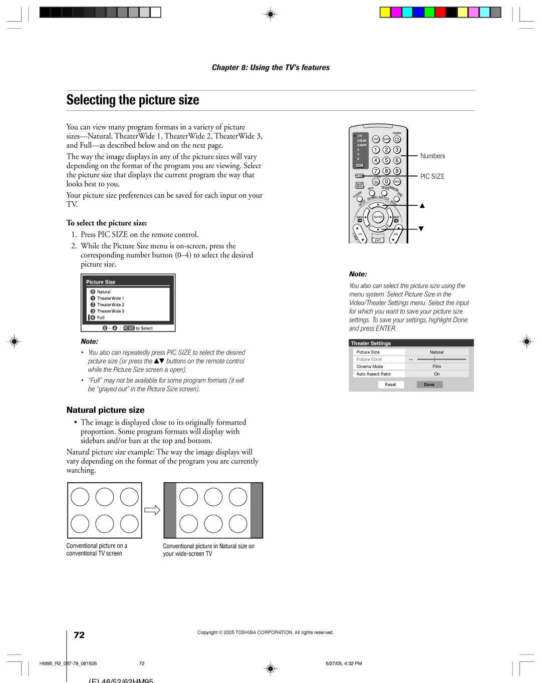 Toshiba 46HM95 owner manual Selecting the picture size, To select the picture size 