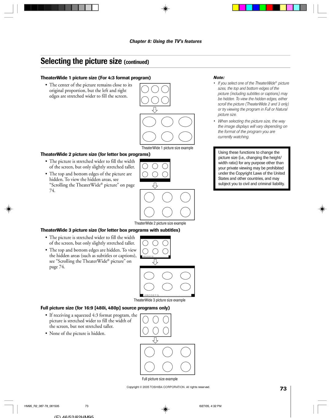 Toshiba 46HM95 owner manual Scrolling the TheaterWide picture on, None of the picture is hidden 