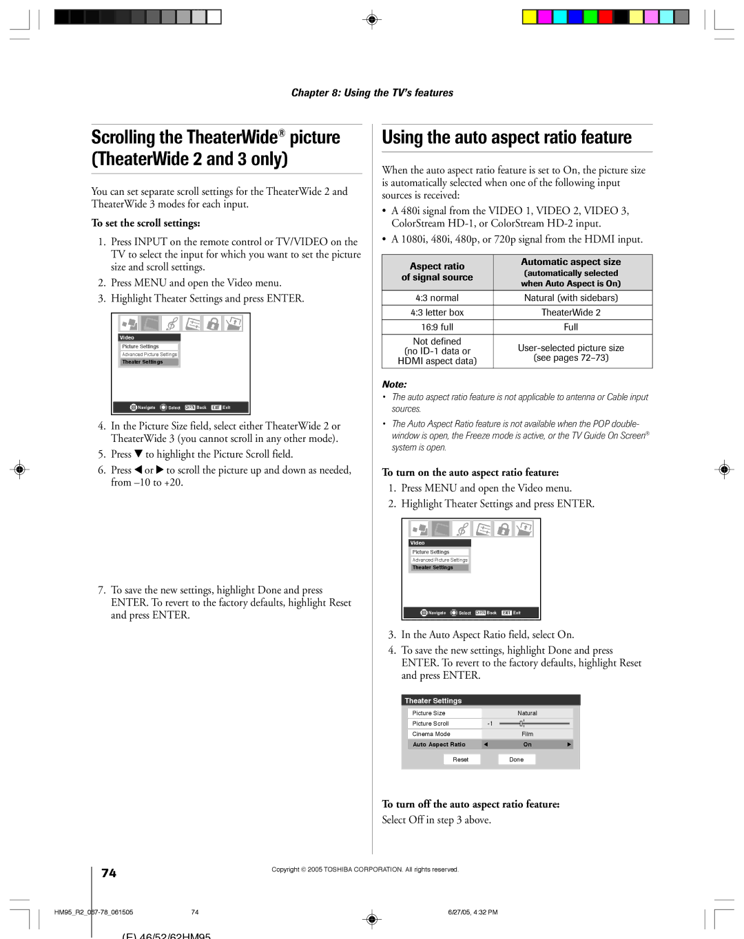 Toshiba 46HM95 owner manual Using the auto aspect ratio feature, Scrolling the TheaterWide picture TheaterWide 2 and 3 only 