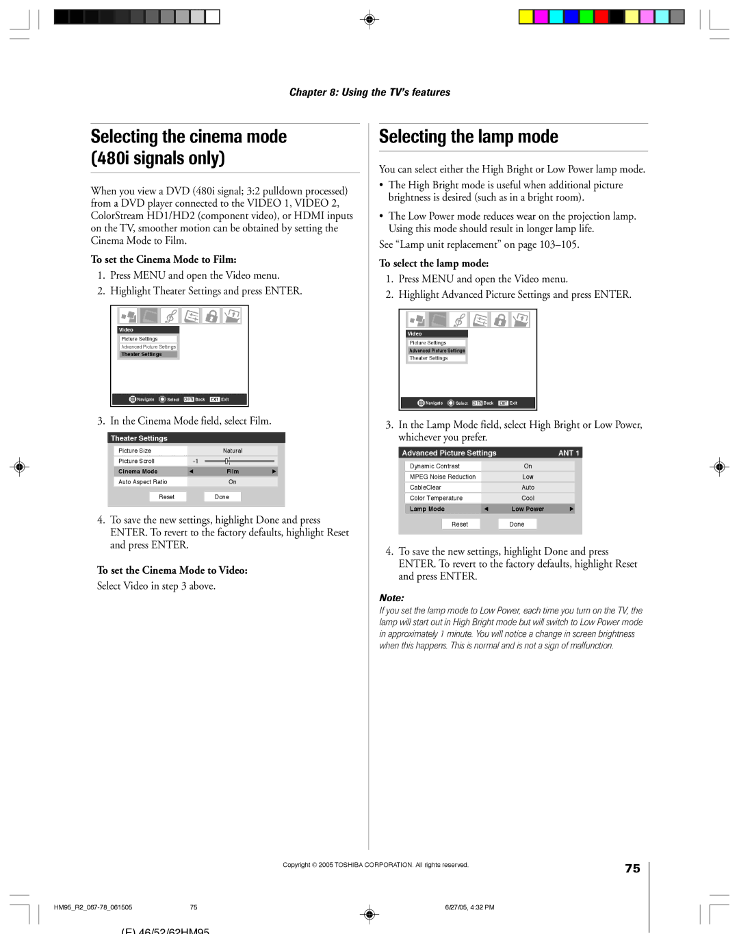 Toshiba 46HM95 owner manual Selecting the lamp mode, To set the Cinema Mode to Film, To set the Cinema Mode to Video 